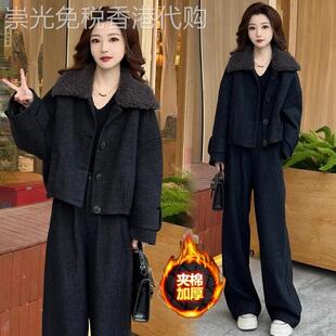 香港代购时尚套装女冬季新款时髦翻领加棉毛呢外套阔腿裤两件套潮