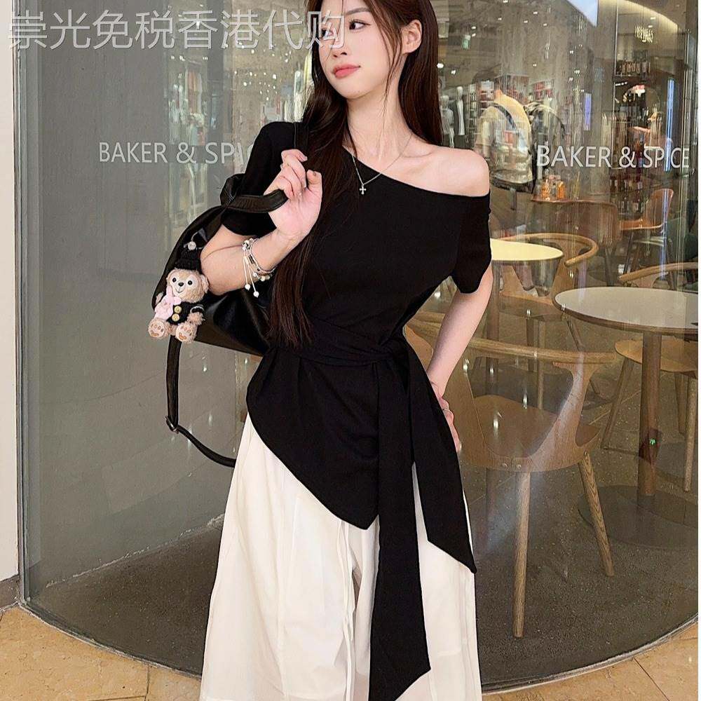 露肩短袖t恤女夏季2026年新款设计感小众韩版不规则系带收腰上衣