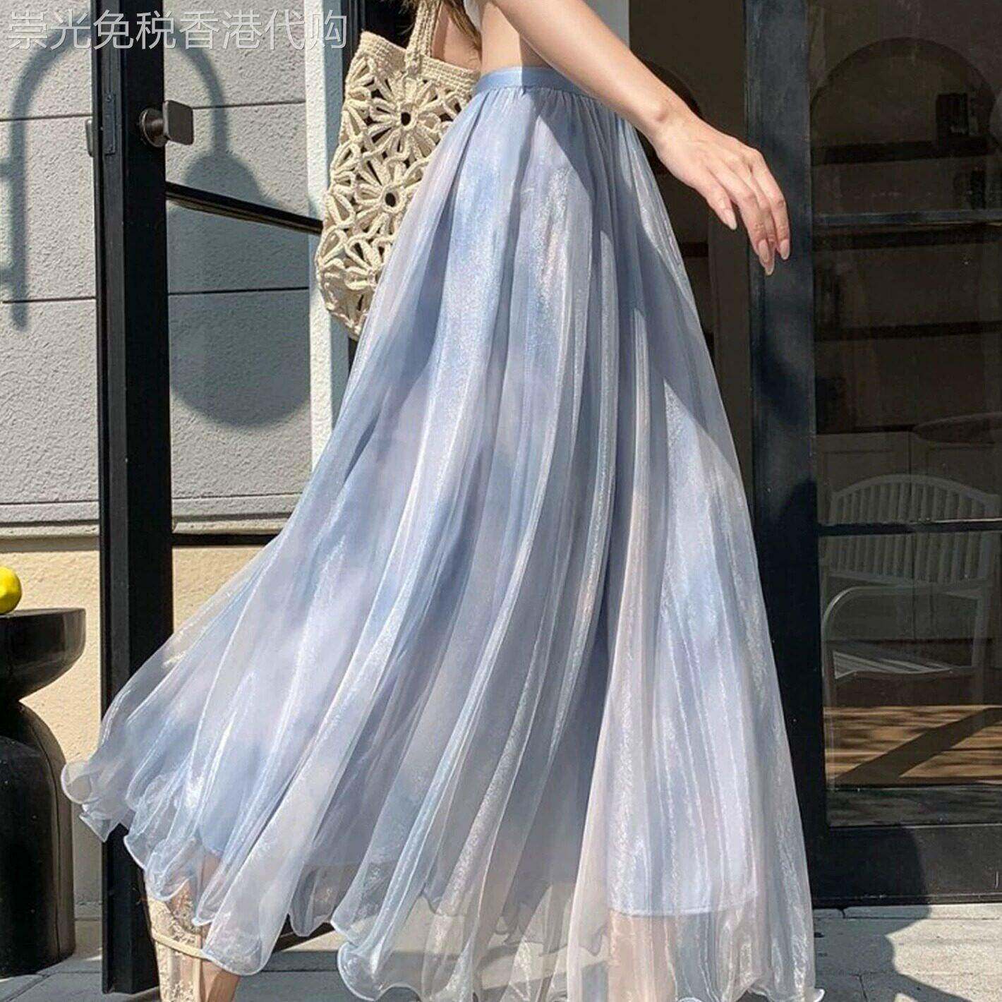 渐层晕染流光纱缎面半身裙女夏季垂坠感A字大摆百褶长裙花瓣伞裙