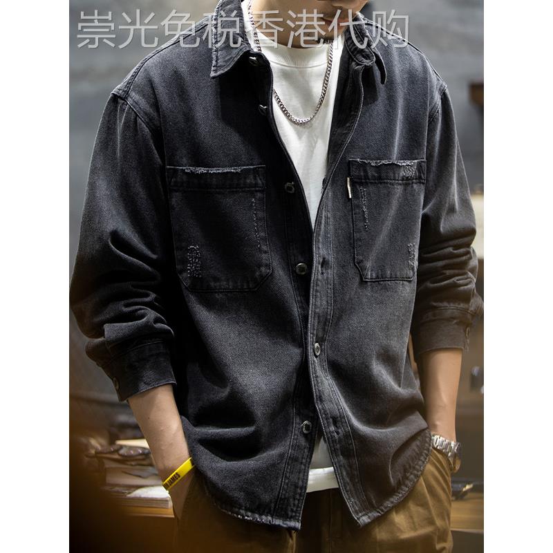 it neith BIAS潮牌美式覆古牛仔衬衫男宽松休闲长袖工装衬衣外套