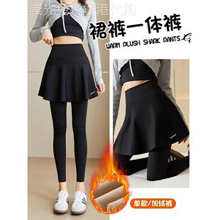 韩式套裤一件式假两件式鲨鱼裤秋冬女式外衣丝绒加厚打底裤高腰瑜