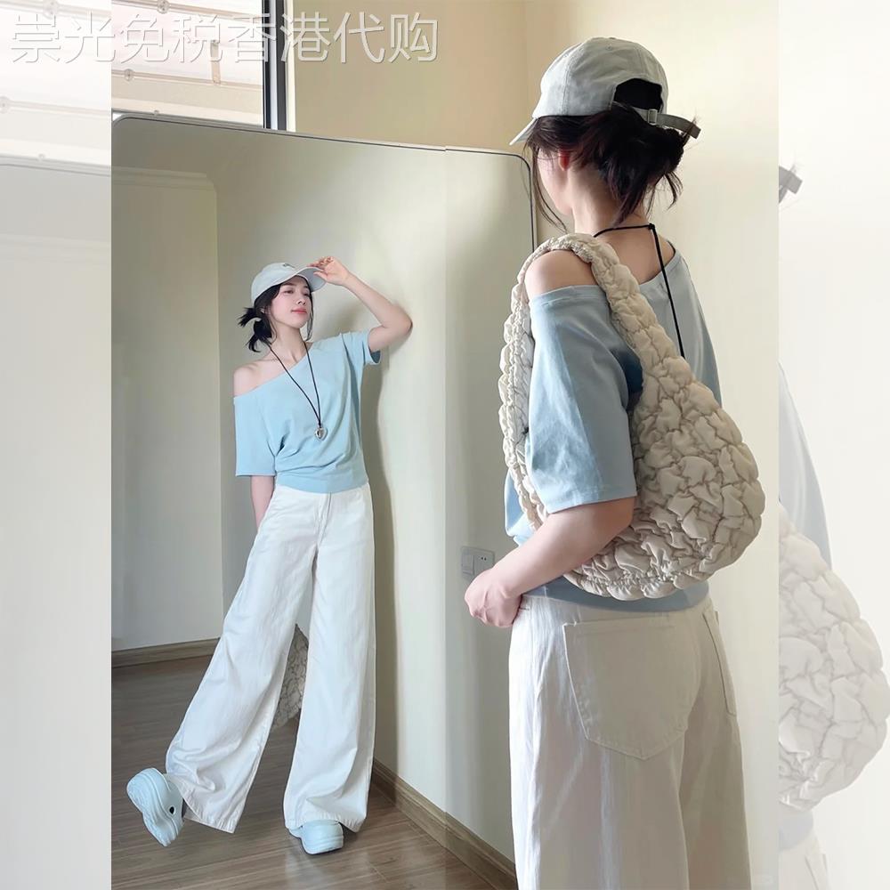 蓝色高级感斜领露肩短袖T恤女装夏季新款宽松显瘦一字肩漂亮上衣