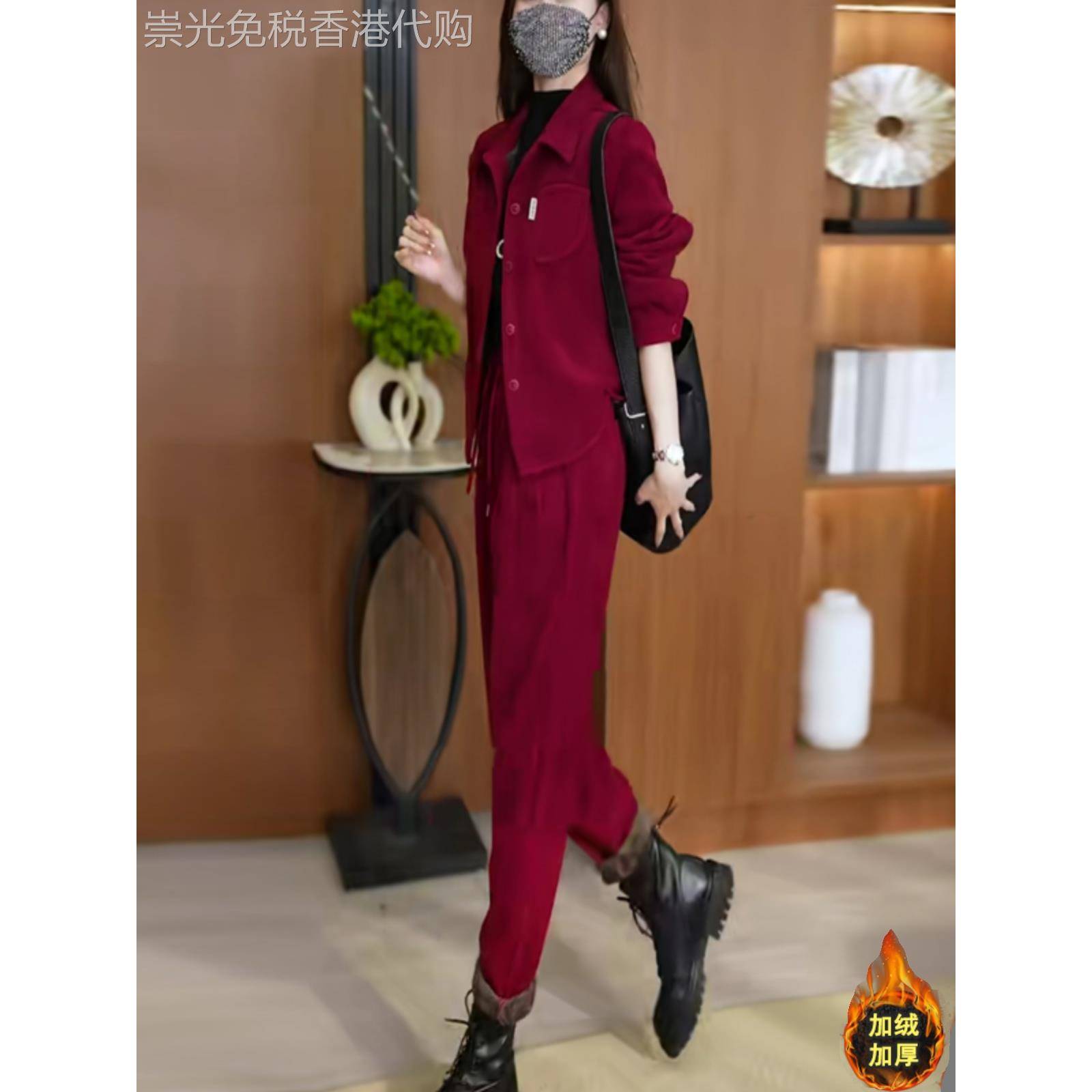 韩国加绒加厚休闲套装女秋冬新款时尚运动服灯芯绒外套两件套裤子