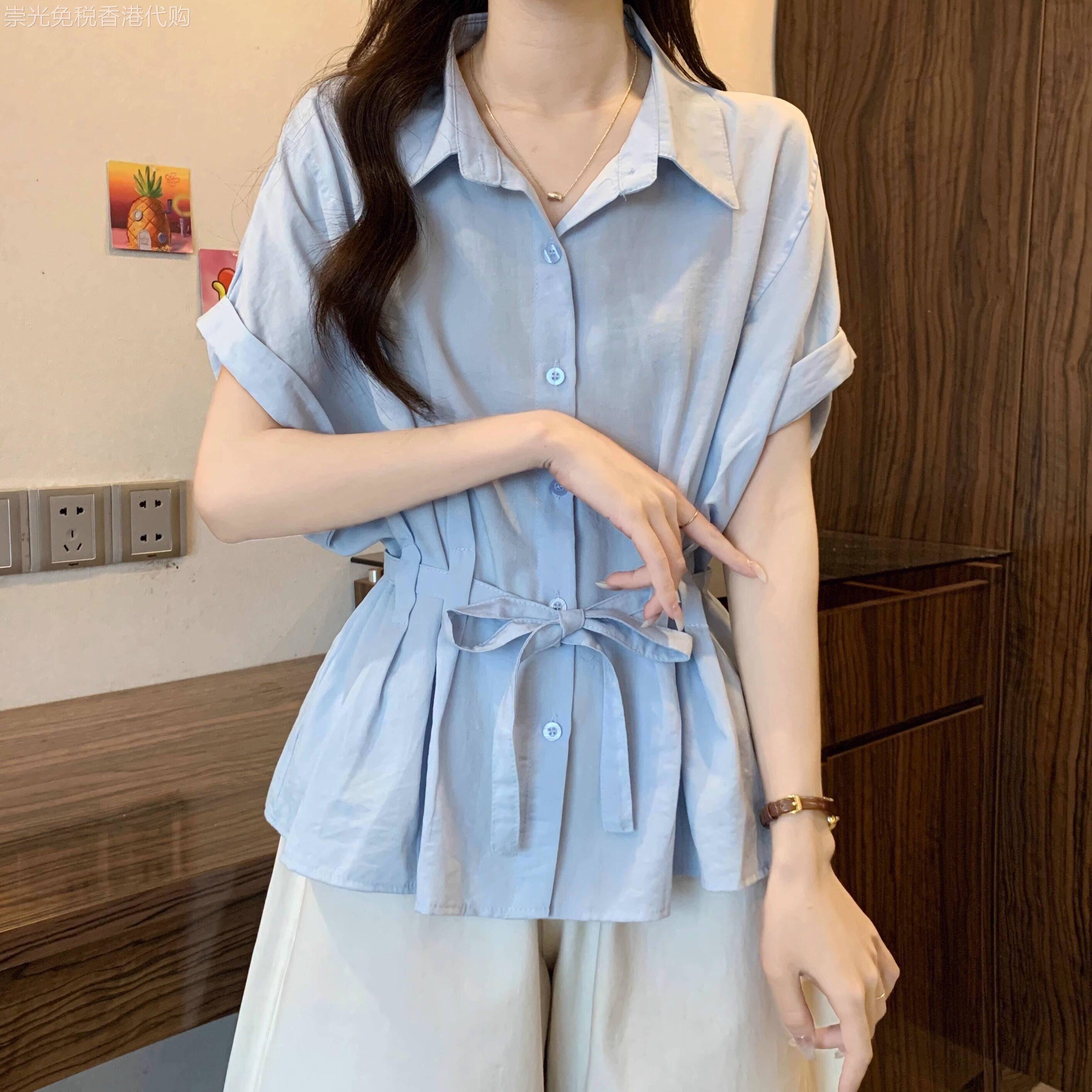 蓝色衬衫女短袖夏季薄款2026新款高级感减龄洋气大码收腰衬衣上衣