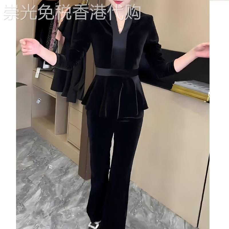 复古时尚黑色丝绒V领套装女2026早秋新款收腰显瘦上衣+裤子