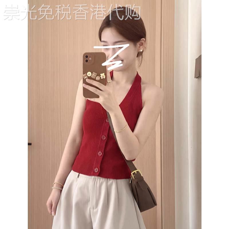 红色挂颈V领针织吊带背心女士夏季欧货辣妹修身冰丝气质外穿上衣