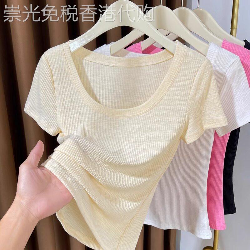 大圆领针织短袖女夏季薄款螺纹内搭打底衫低领软糯坑条t恤女上衣
