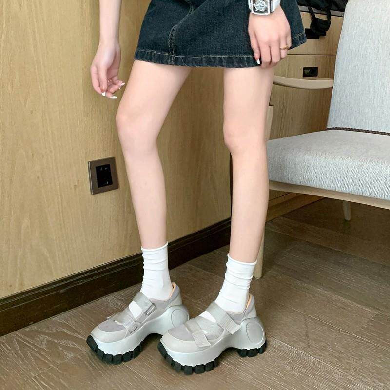 首尔街头~ 休闲矮子乐魔术贴圆头厚底运动鞋女松糕底银色老爹鞋潮