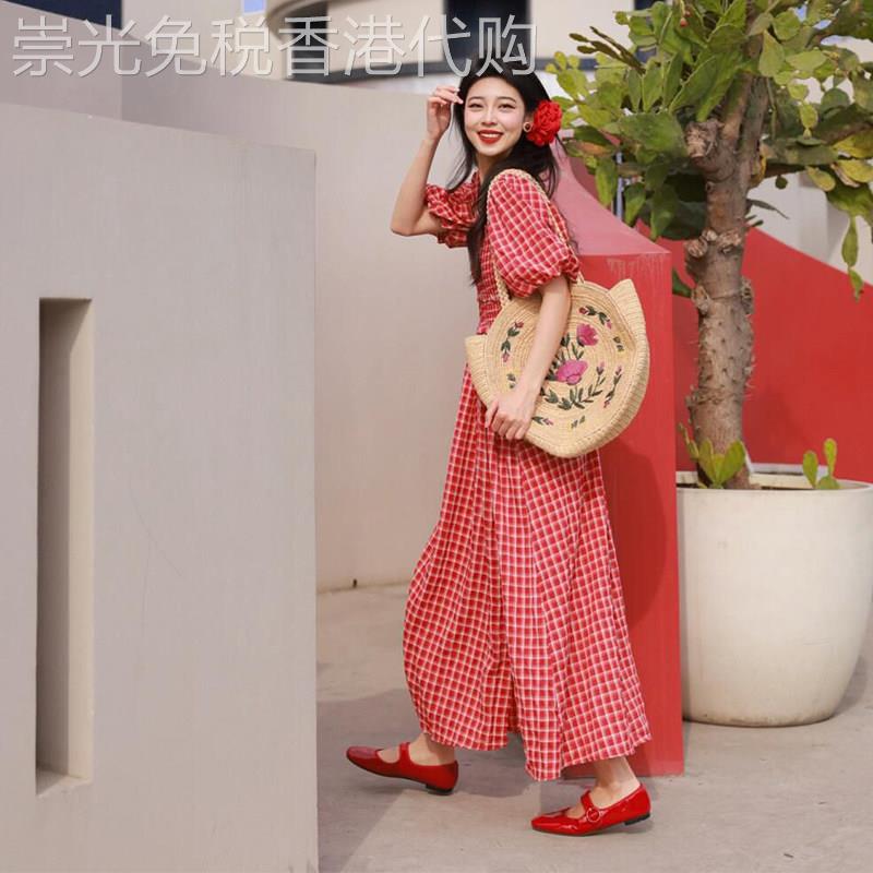 法式泡泡袖红色格子连身裙女夏季2025年新款小个子绝美收腰长裙子
