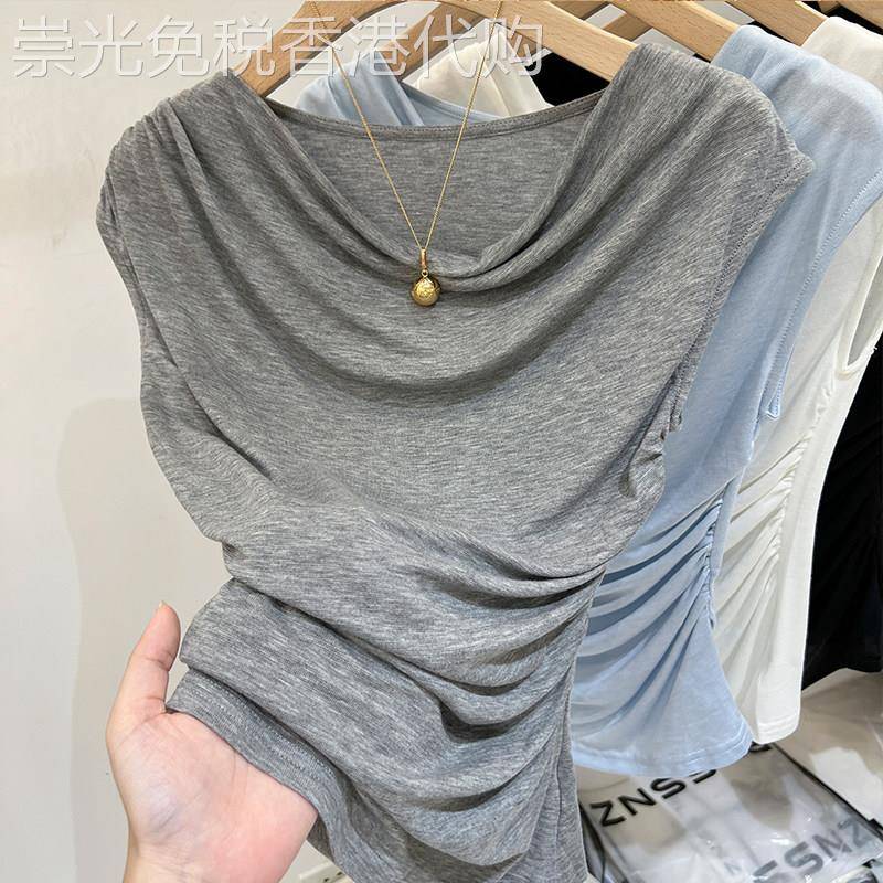 灰色荡领短袖t恤女夏季2025年新款设计感小众不规则气质短款上衣
