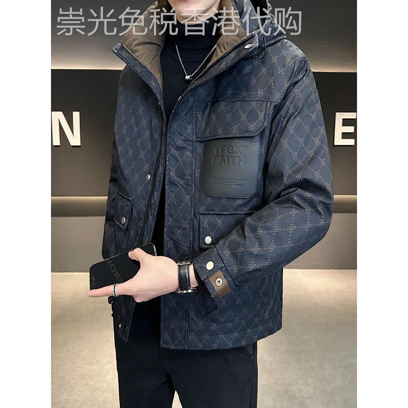 Mostarsea~加厚连帽格子羽绒服男冬季新款高端潮牌白鸭绒印花外套