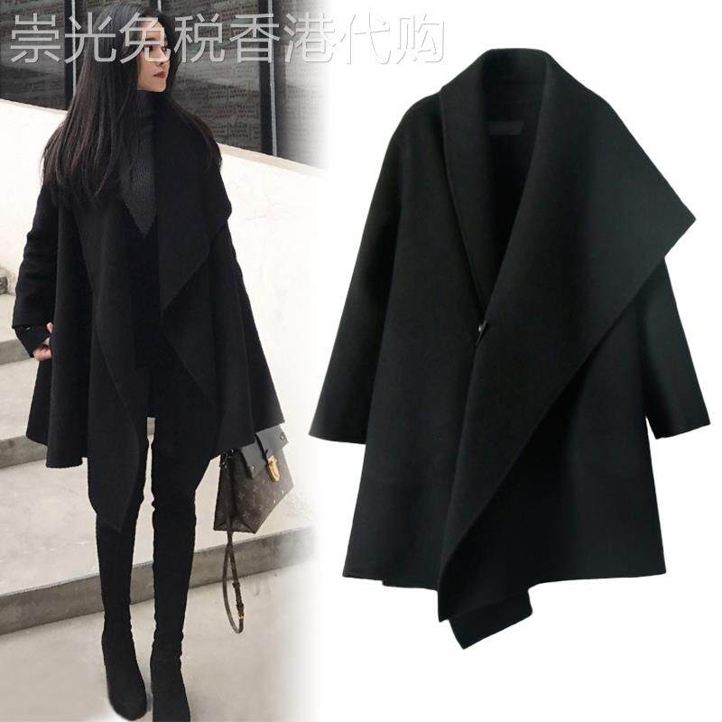 香港赫本风斗篷毛呢外套女秋冬宽松中长款呢子双面呢大衣小个子潮