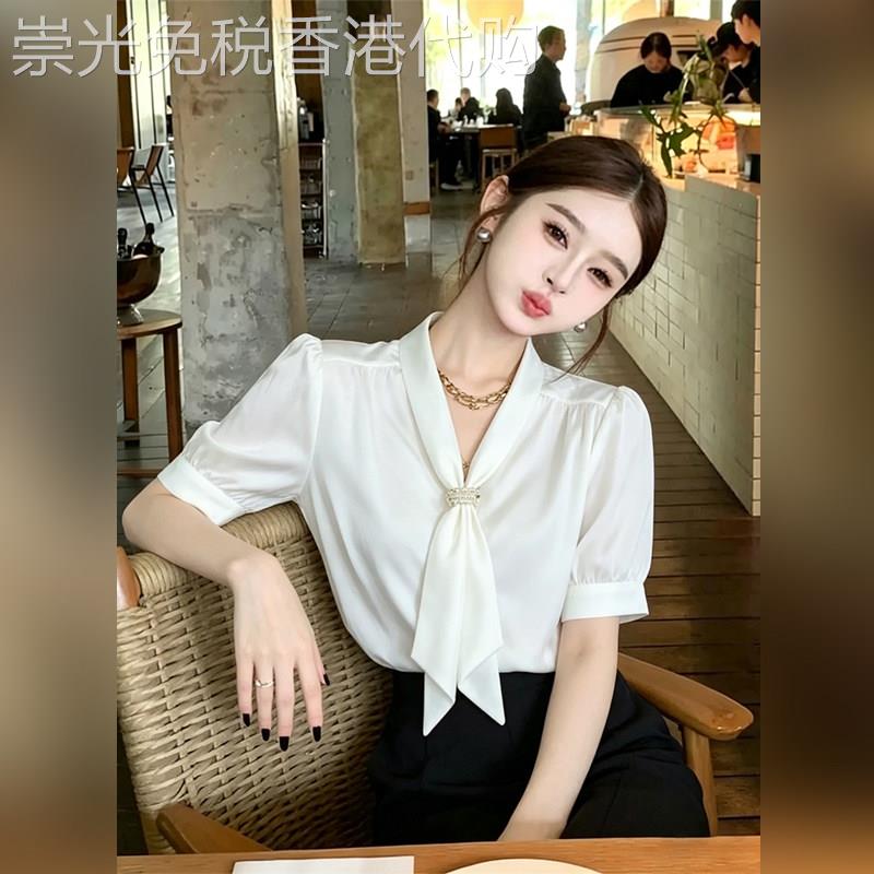 潮牌职业通勤面试短袖衬衫女夏2026新款法式气质V领飘带缎面衬衫