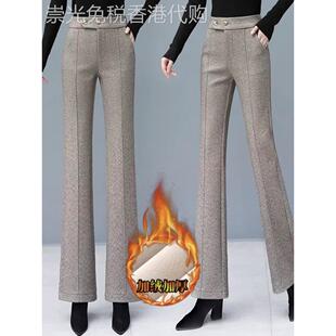 卡其色毛呢微喇叭裤女春秋加绒2025新款加厚高腰显瘦西装休闲长裤