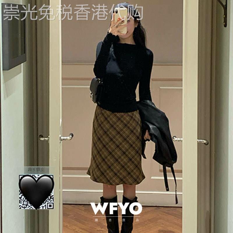 WFYO/复古格纹中裙女2026春秋新款设计感格子短裙小个子半身裙ins