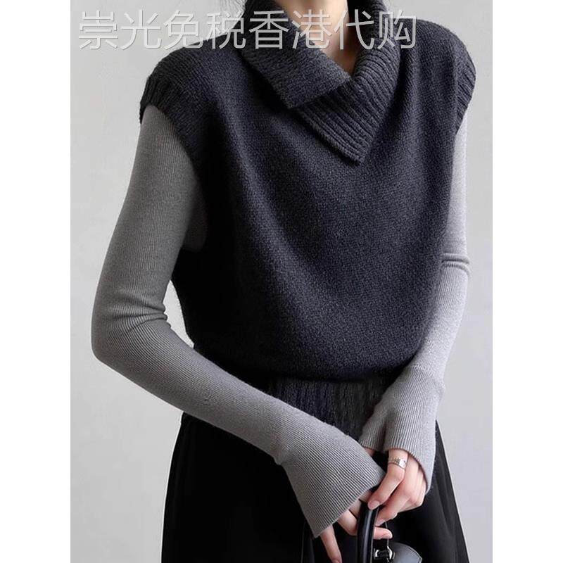 高级感翻领针织马甲背心女秋冬新款时尚减龄叠穿无袖毛衣马夹上衣