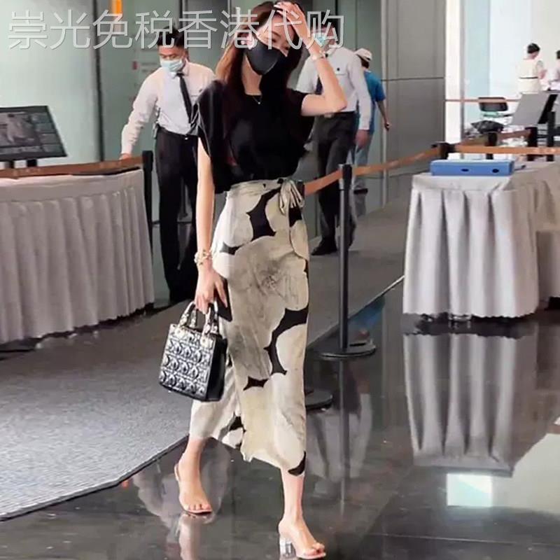 一片式绑带半身裙女夏季新款高腰显瘦小众设计感不规则印花包臀裙