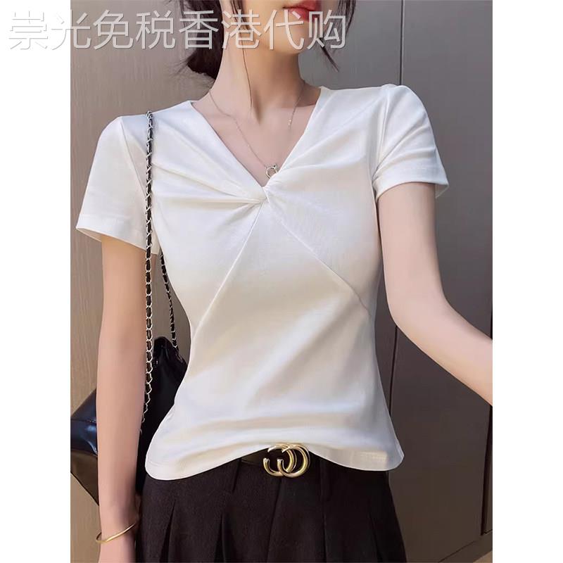 白色V领扭结短袖T恤女夏季欧货时尚百搭通勤风修身显瘦高级感上衣
