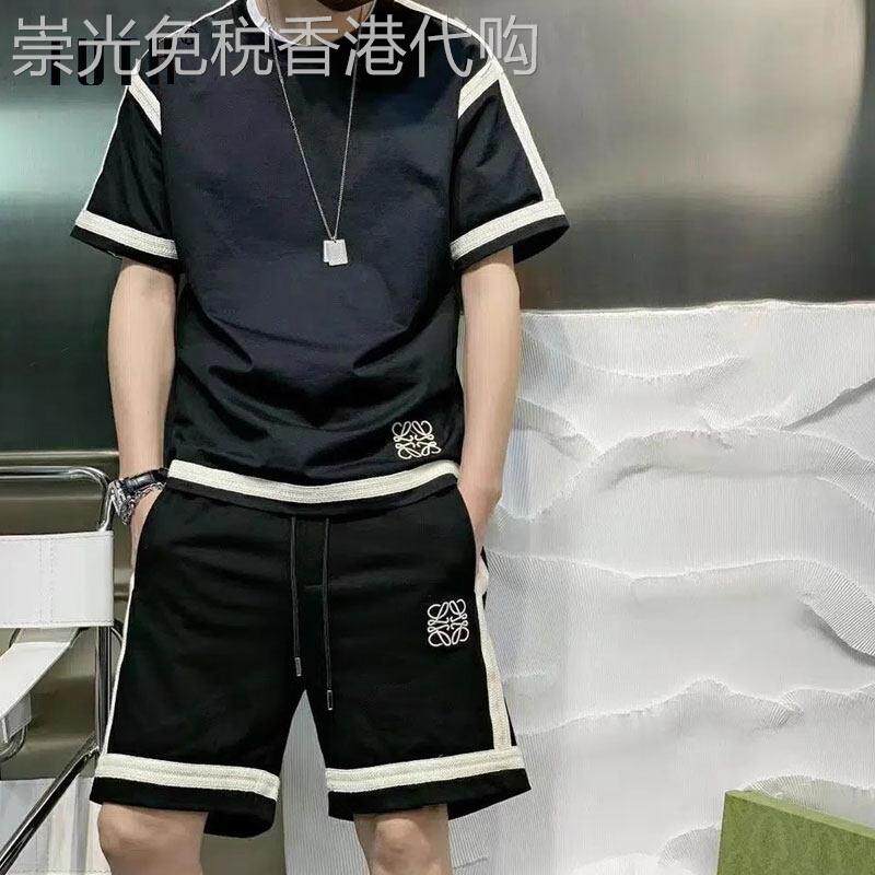 休闲运动套装男夏季薄款时尚潮牌宽松织带拼接刺绣短袖短裤两件套
