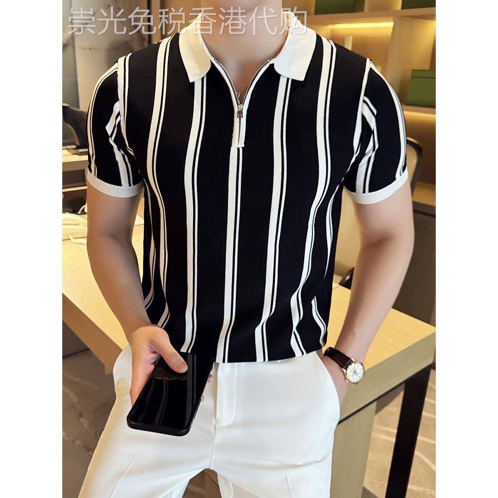 夏季英伦风时尚修身条纹拉炼t恤高级感针织冰丝polo衫男休闲短袖
