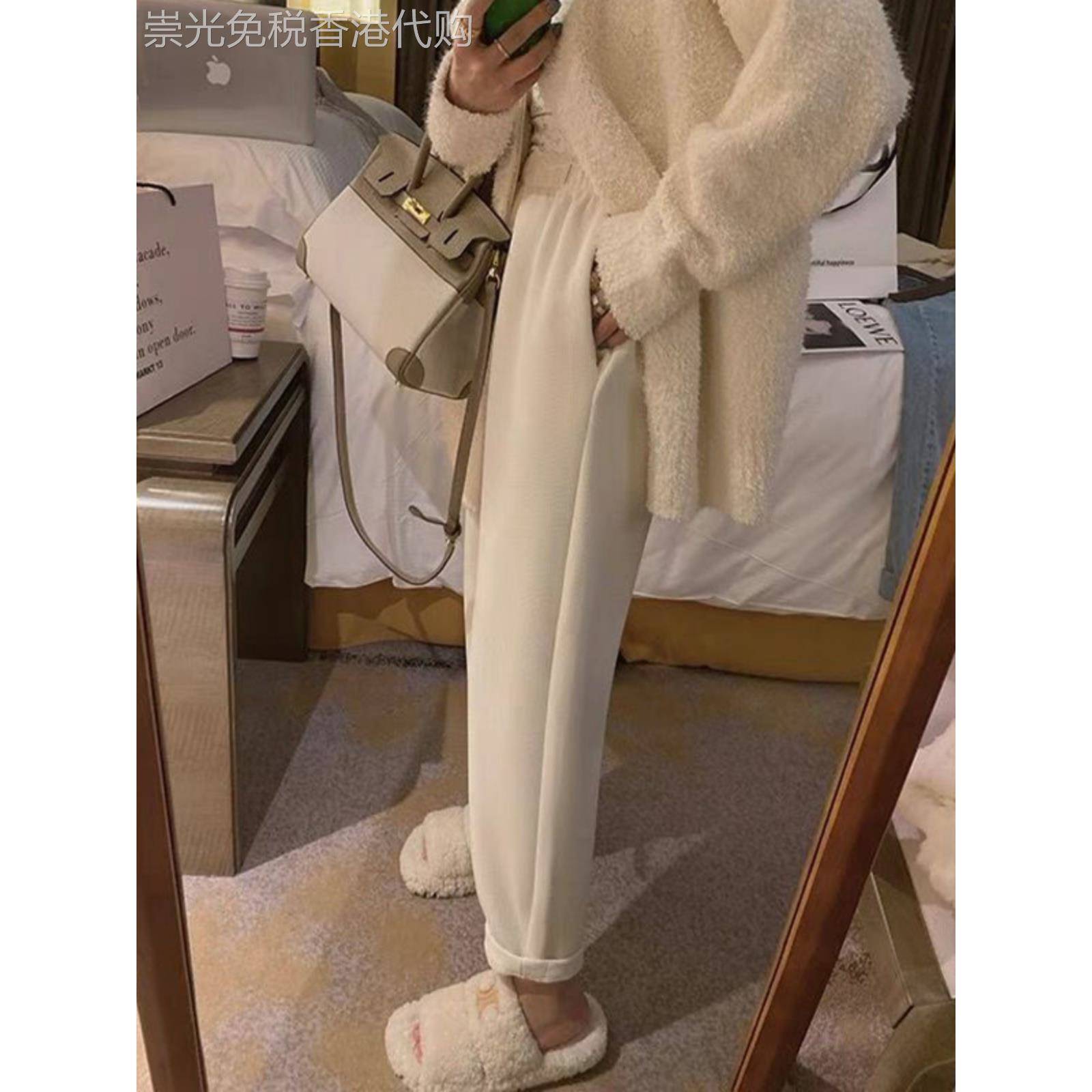 专柜米白萝卜裤女2024秋冬新款宽松显瘦大码哈伦裤加绒针织奶奶裤