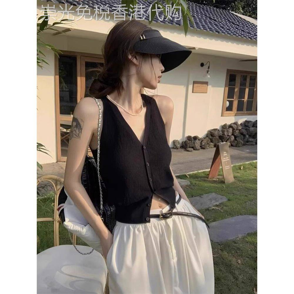 日系黑色v领内搭针织吊带背心马甲女春秋纯欲风无袖短款开衫上衣