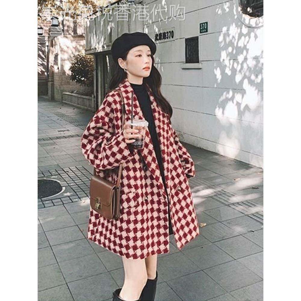 韩版宽松格子西装毛呢外套女加厚冬季新款小个子显瘦呢子大衣高端