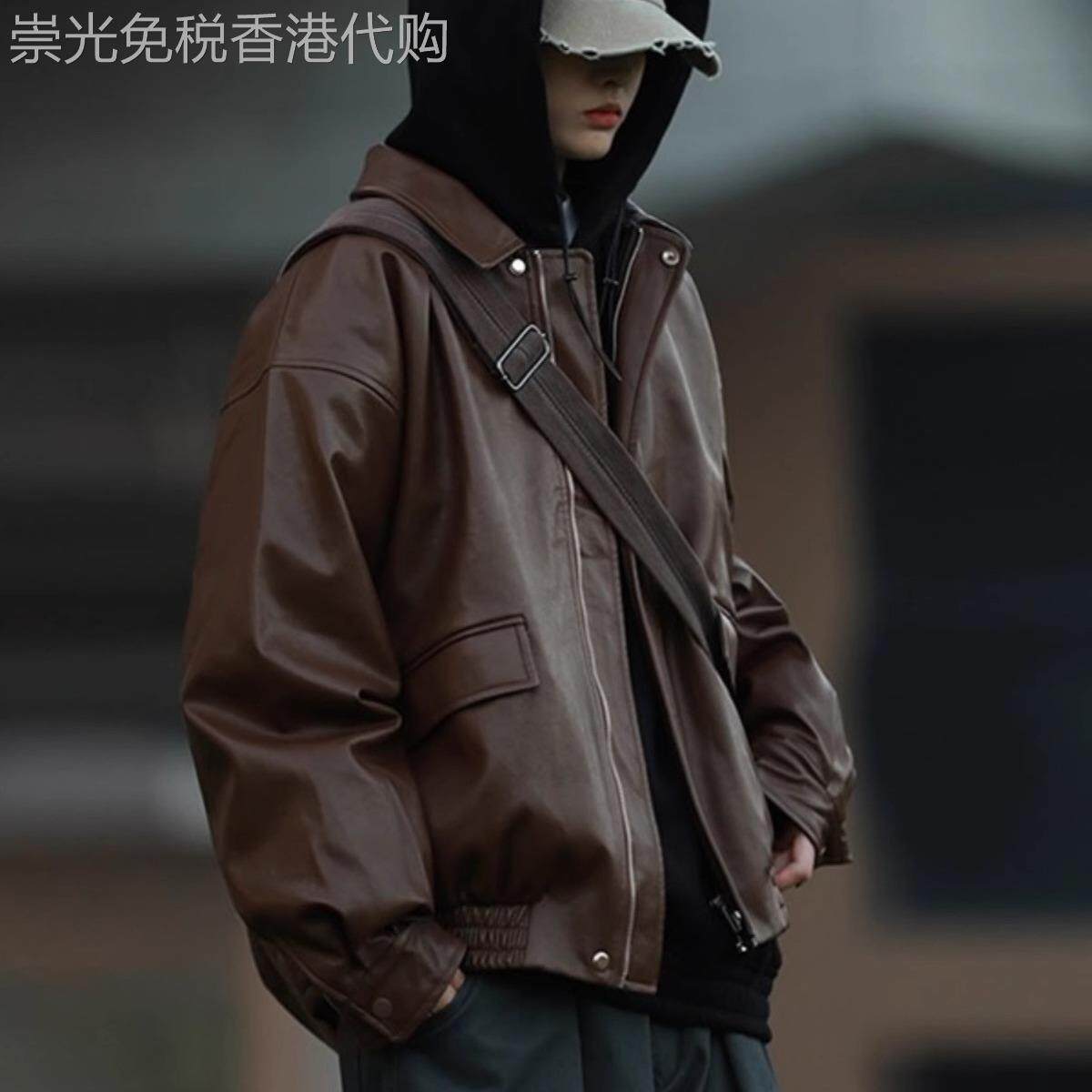 皮衣外套男春秋季2025新款潮牌棕色薄款痞帅机车休闲宽松真皮夹克