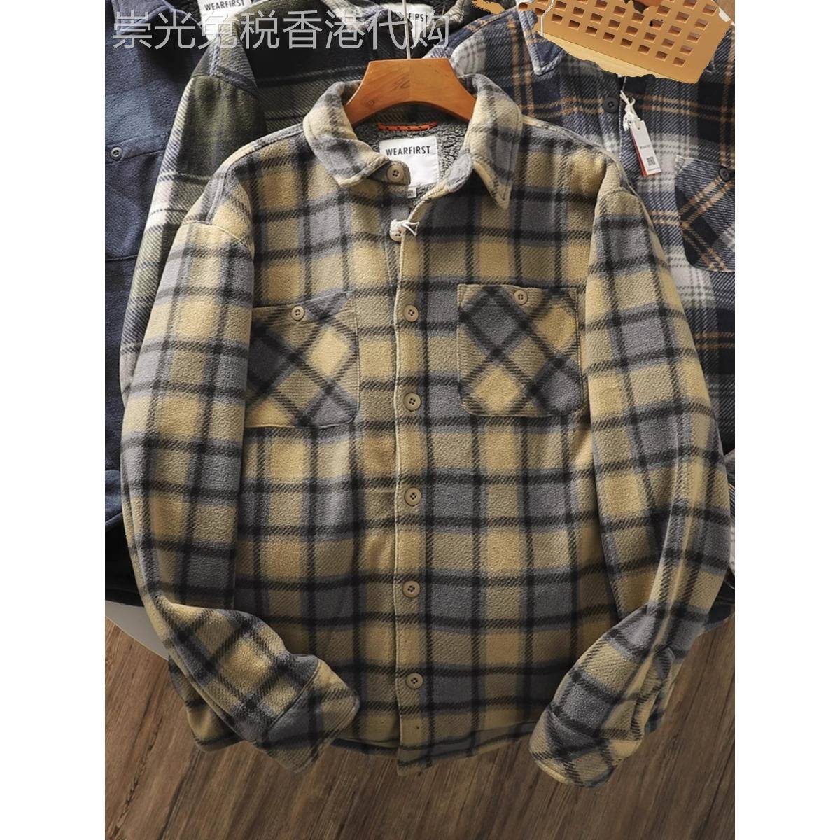 VIRRI CIAGA！北美秋冬加绒加厚保暖覆合羊羔绒格子衬衫棉衣外套