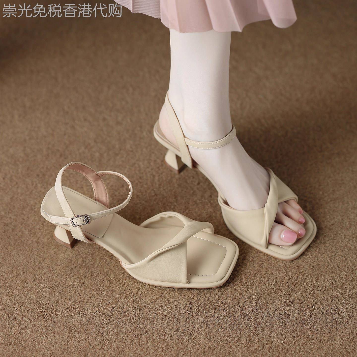 真皮不累脚高跟凉鞋女夏季2026新款粗跟一字带洋气法式女士高跟鞋
