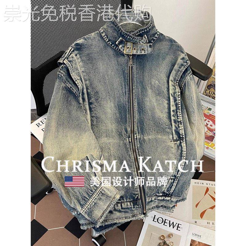 出口美国⭐Chrisma Katch~春秋立领牛仔外套水洗渐层美式宽松夹克