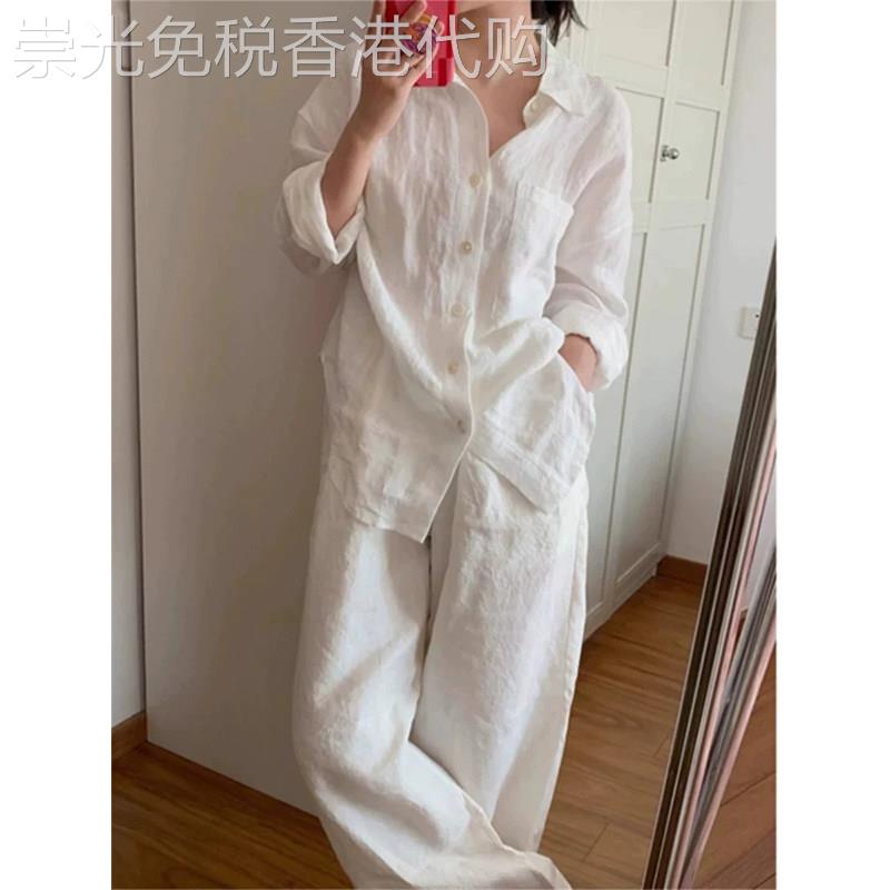 白色法式亚麻棉麻白衬衫女夏季欧货宽松显瘦透气防晒开衫通勤上衣