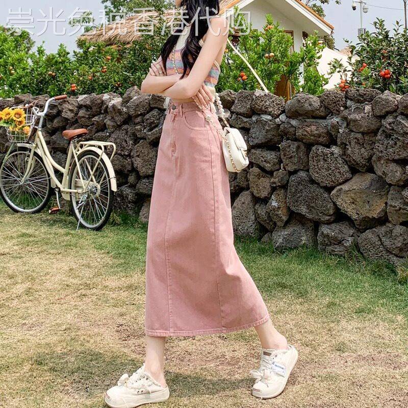 粉色牛仔半身裙女夏季2026年新款中长版高腰a字直筒开叉包臀裙子