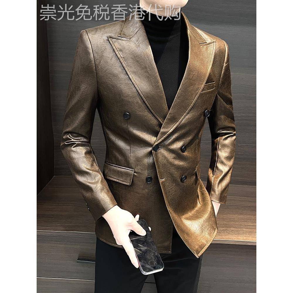 高端轻奢双排扣男士皮西服春秋韩版休闲百搭修身西装皮衣单西外套