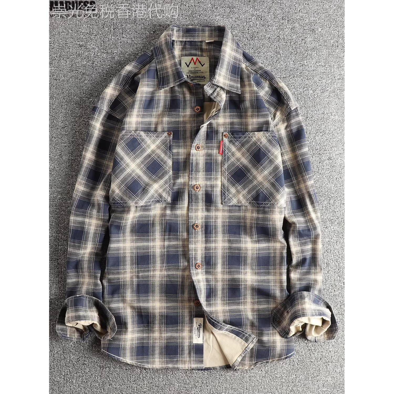Madness Mdns Clot日系覆古格子工装长袖衬衫男全棉水洗衬衣外套