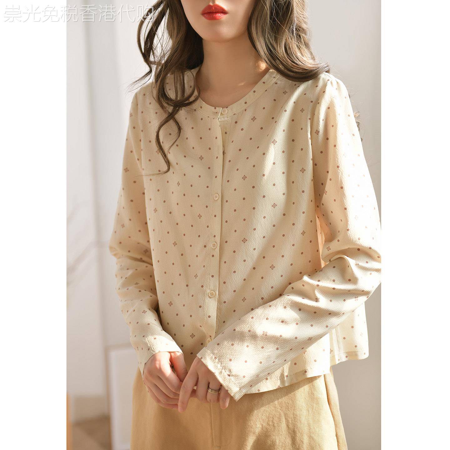 GESGOO复古波点印花真丝衬衫女长袖春装珍珠绉桑蚕丝法式上衣圆领