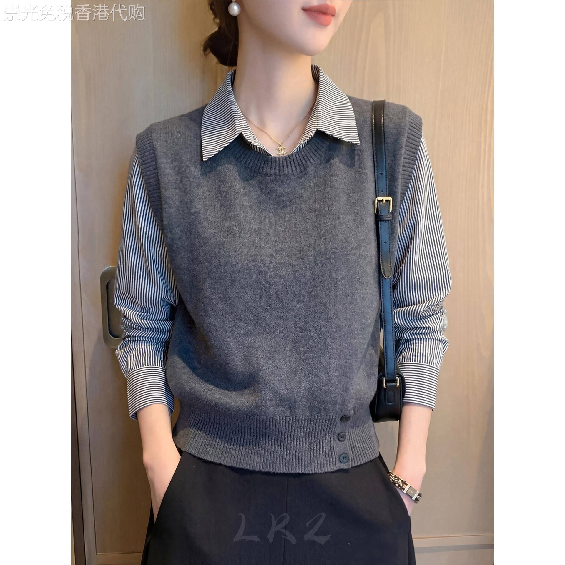 法式高级感针织假两件条纹长袖2026春秋衬衫女简约收腰设计上衣