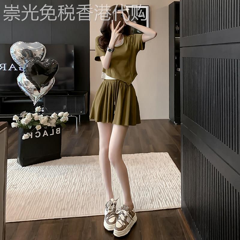 欧洲站高级感休闲时尚套装女2026夏季新款运动短裤裙T恤假两件套