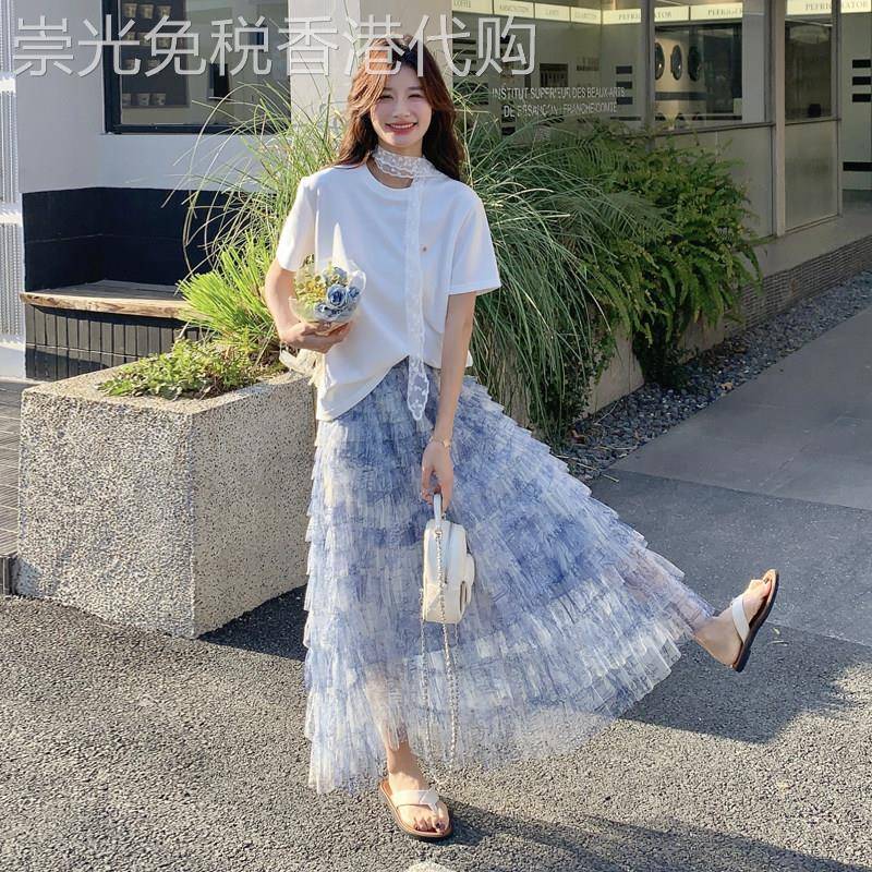 韩系夏日绝美套装穿搭女2025超好看蓝色网纱蛋糕裙短袖T恤两件套