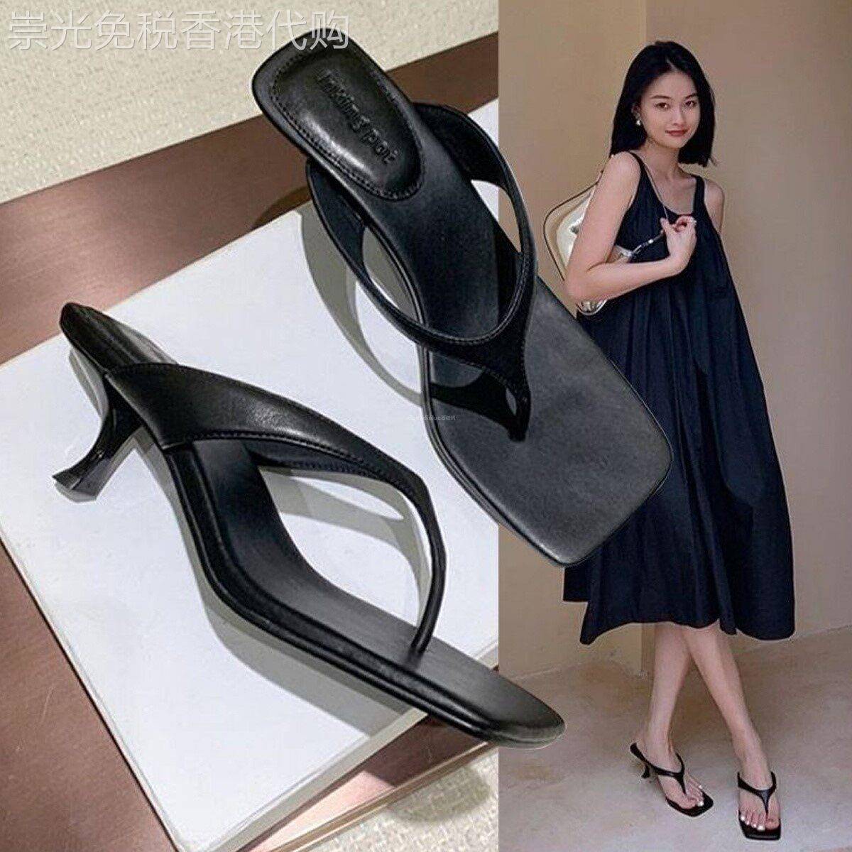 香港方头夹趾细高跟人字拖鞋女2026春夏新款时尚真皮小猫跟凉鞋子