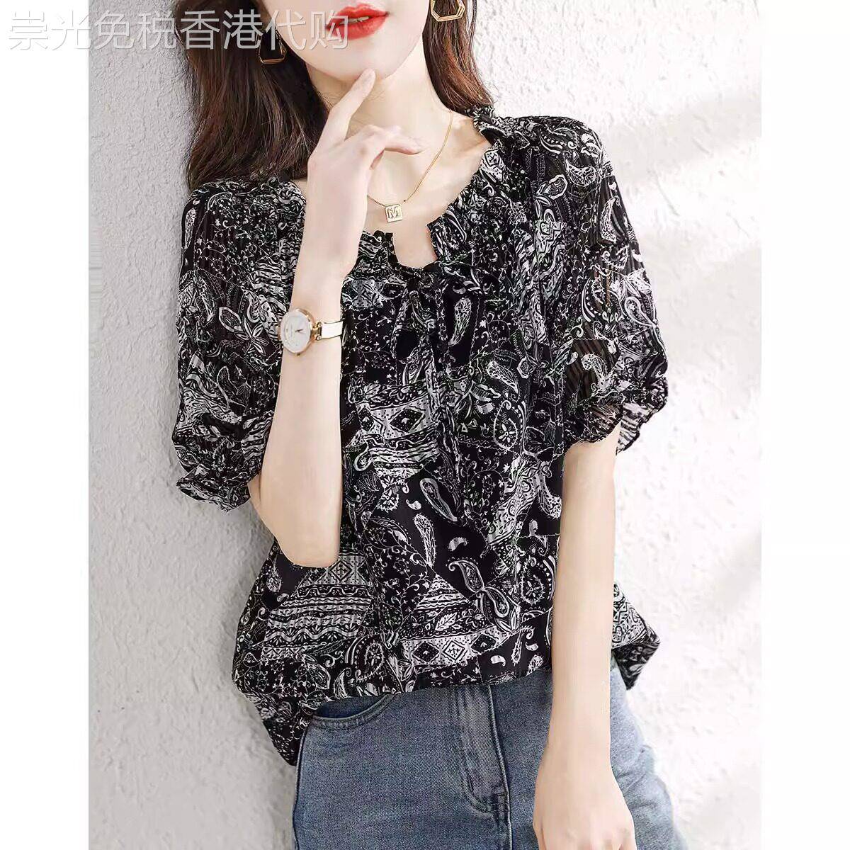 木耳边雪纺衬衫女夏季2026新款时尚抽象印花薄款显瘦气质短袖上衣