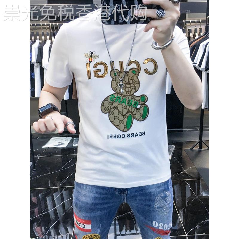 欧洲站冰丝短袖t恤男高端刺绣小熊2025夏季新款男士帅气半袖上衣