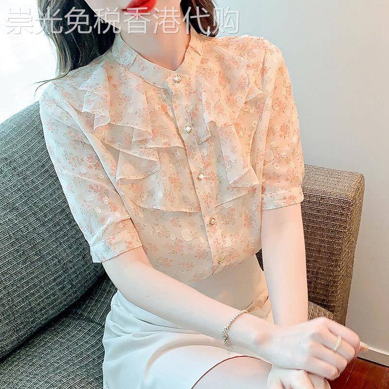 碎花雪纺衬衫女短袖夏季2025年新款设计感小众洋气小衫荷叶边上衣