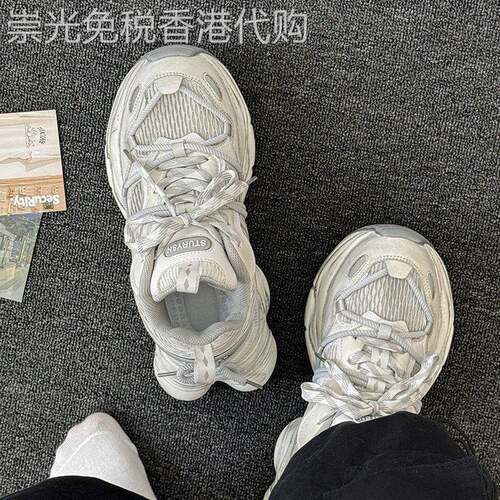 炸街鞋子网面做旧白色复古老爹鞋男小众厚底增高情侣运动休闲鞋潮