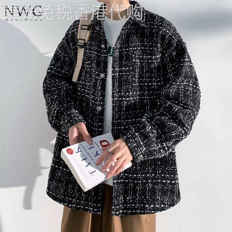 粗花呢小香风格子外套男潮牌春秋季高级感宽松翻领夹克男休闲上衣