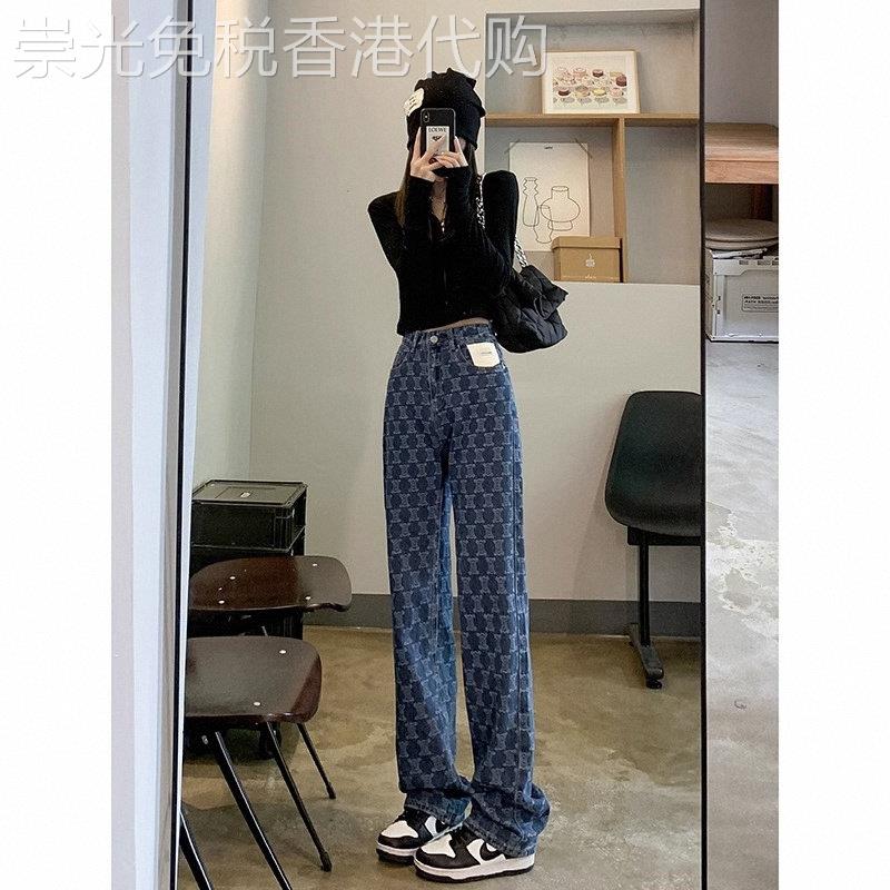 蓝色格子高腰牛仔裤女春秋欧货爆款宽松加长直筒拖地裤高街ins潮