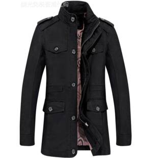 秋冬立领风衣男士中长加肥加码夹克纯棉宽松羊毛衬里加厚狩猎薄外