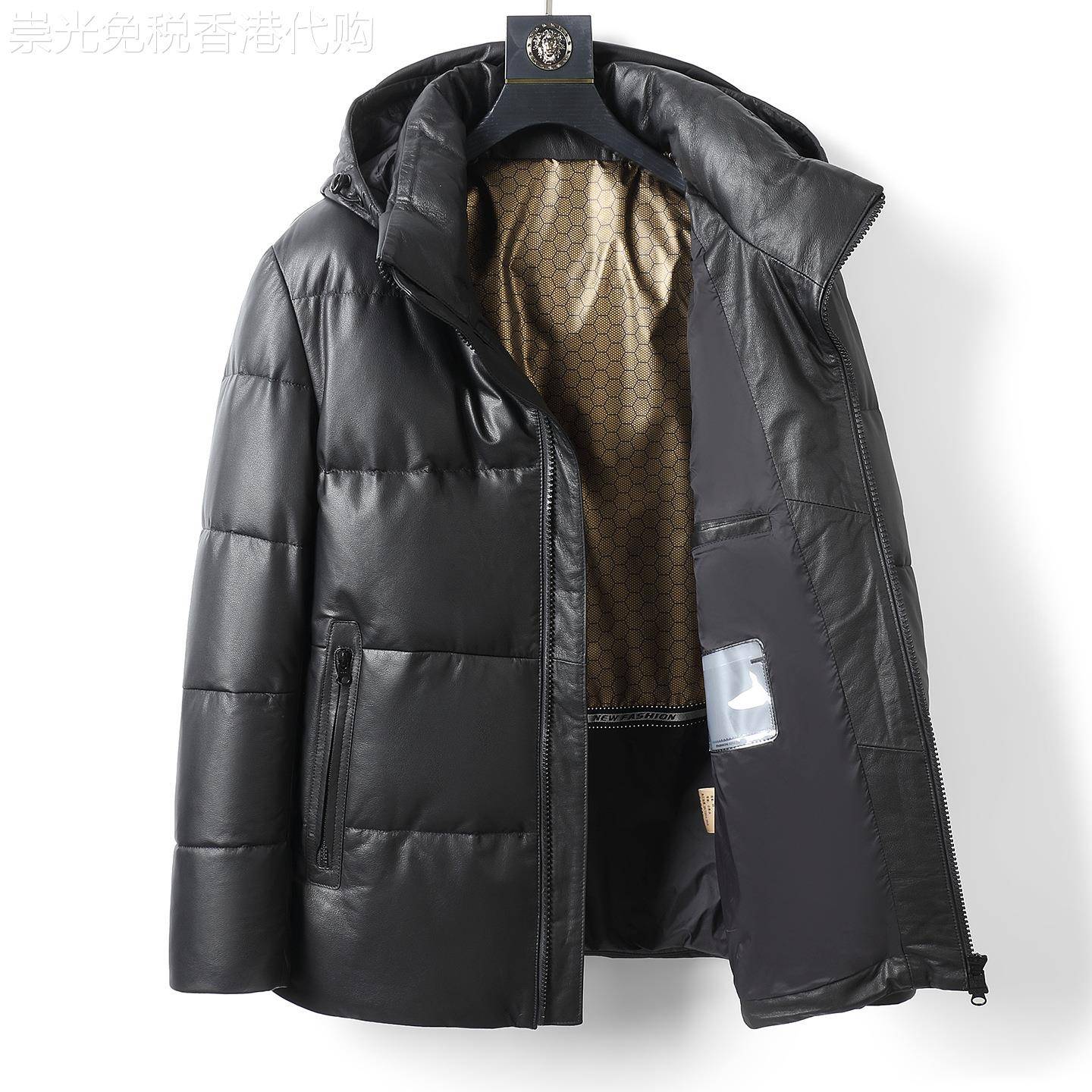 冬季海宁真皮皮衣男皮夹克保暖加厚连帽鹅绒皮羽绒服轻奢男士外套