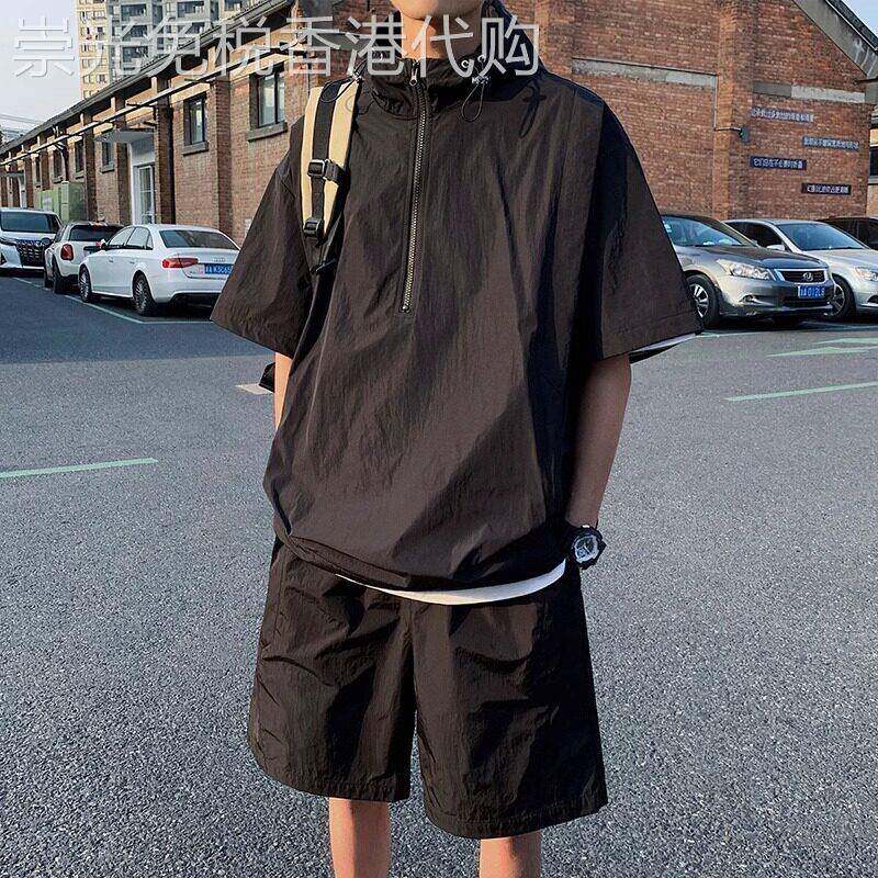 冰丝休闲套装男士夏季薄款休闲连帽速干防晒衣工装短袖短裤运动服