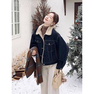 加绒加厚羊羔毛拼接牛仔外套女冬季2025新款小个子美式派克服棉服